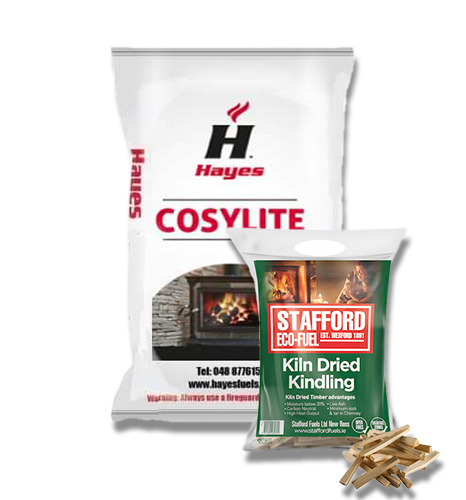 A photo showing a bag of Hayes Cosylite Coal and a bag of Stafford Eco Fuel Kiln Dried Kindling