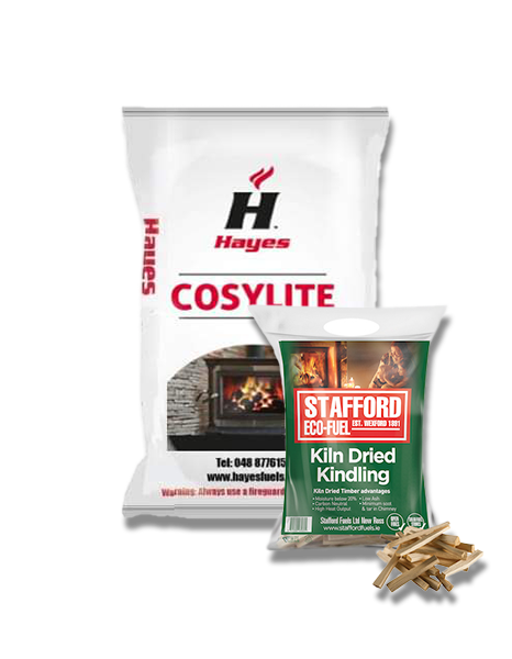 A photo showing a bag of Hayes Cosylite Coal and a bag of Stafford Eco Fuel Kiln Dried Kindling