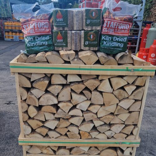 1 crate of kiln-dried logs, 2 bales of WillowWarm briquettes and 2 bags of kiln-dried kindling