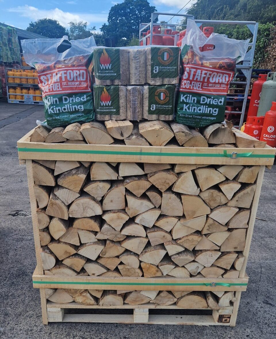 1 crate of kiln-dried logs, 2 bales of WillowWarm briquettes and 2 bags of kiln-dried kindling