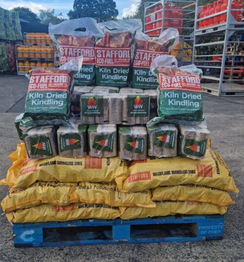 A pallet with 15 bags of Magiflame smokeless coal, 20 bales of WillowWarm wood briquettes and 5 bags of Stafford Fuels' kiln-dried kindling