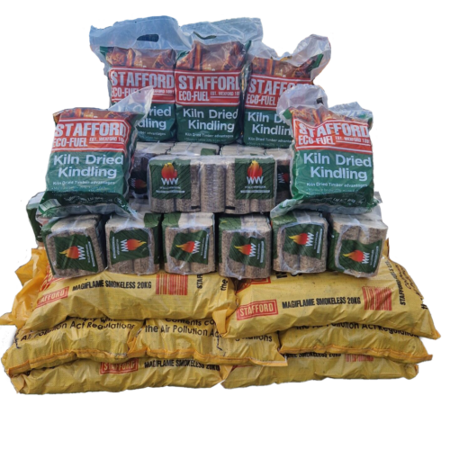 A photo of Offer A: 15 20kg Bags of Magiflame Smokeless Coal, 20 Bales of WillowWarm Briquettes, 5 Bags of Kiln-Dried Kindling