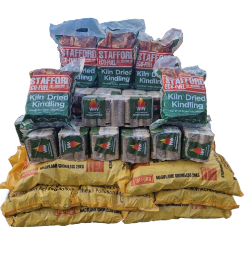 A photo of Offer A: 15 20kg Bags of Magiflame Smokeless Coal, 20 Bales of WillowWarm Briquettes, 5 Bags of Kiln-Dried Kindling