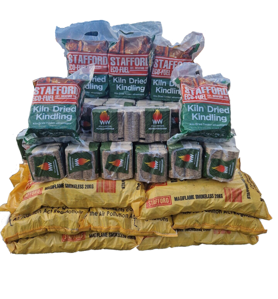 A photo of Offer A: 15 20kg Bags of Magiflame Smokeless Coal, 20 Bales of WillowWarm Briquettes, 5 Bags of Kiln-Dried Kindling