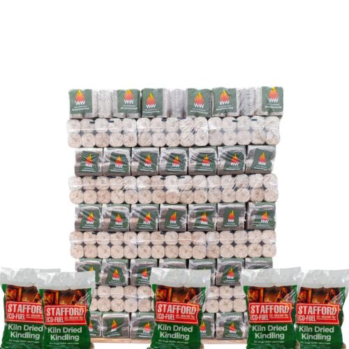 A pallet of WillowWarm briquettes and 5 bags of kiln-dried kindling
