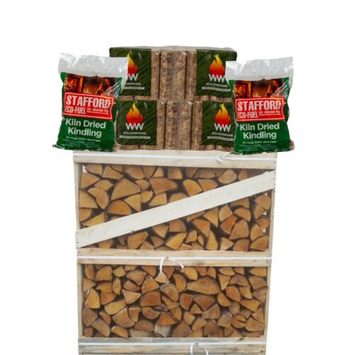 1 crate of kiln-dried logs, 2 bales of WillowWarm briquettes and 2 bags of kiln-dried kindling