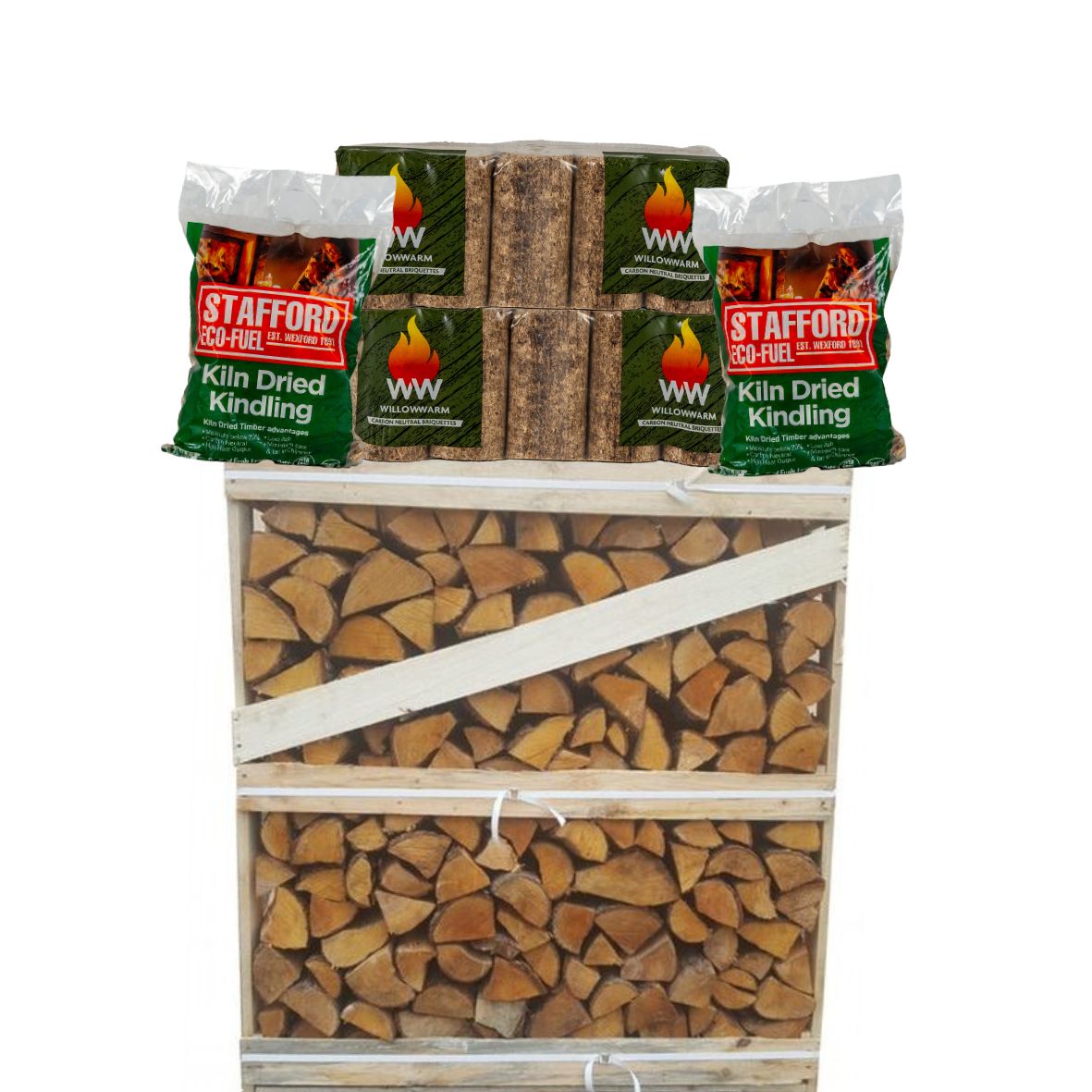 1 crate of kiln-dried logs, 2 bales of WillowWarm briquettes and 2 bags of kiln-dried kindling