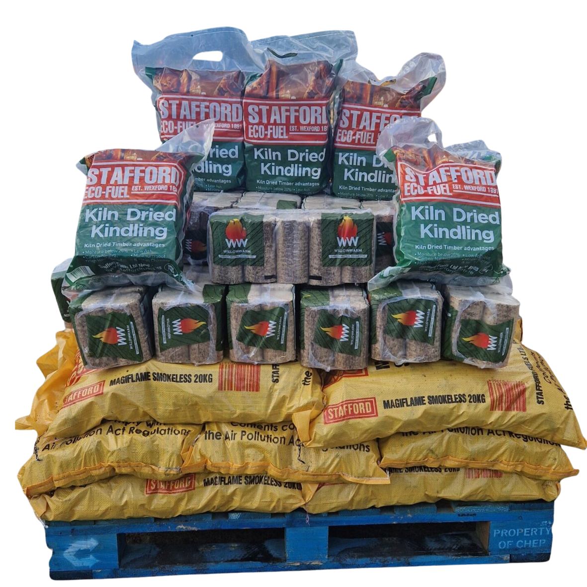 A photo of Offer A: 15 20kg Bags of Magiflame Smokeless Coal, 20 Bales of WillowWarm Briquettes, 5 Bags of Kiln-Dried Kindling