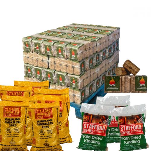 10 x (20 Kg Magiflame smokeless coal) + 20 x (Bales of WillowWarm Briquettes) + 3 x (bags of Kiln Dried Kindling)