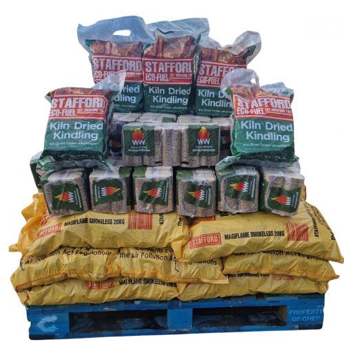 A photo of Offer A: 15 20kg Bags of Magiflame Smokeless Coal, 20 Bales of WillowWarm Briquettes, 5 Bags of Kiln-Dried Kindling