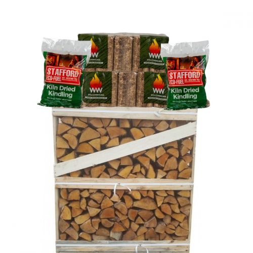 1 crate of kiln-dried logs, 2 bales of WillowWarm briquettes and 2 bags of kiln-dried kindling